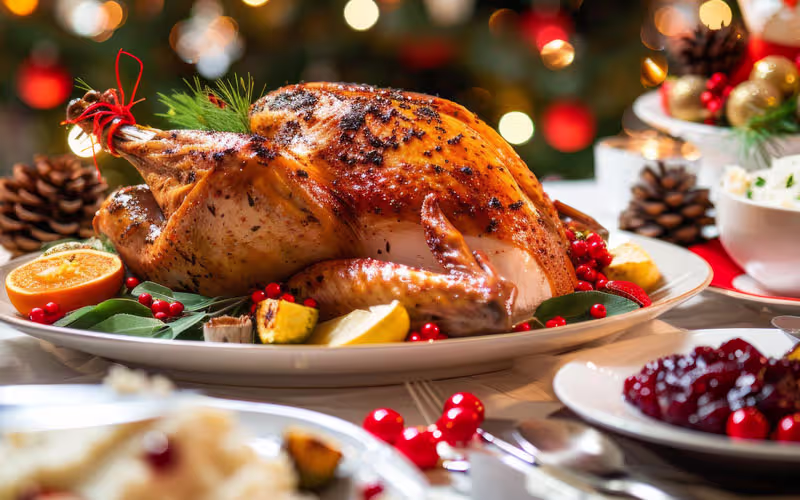 Foto Einladung zum Essen mit Weihnachtsgans auf dem Teller